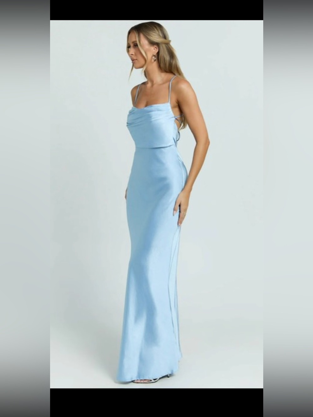 Showpo Strapless Light Blue Satin Dress - Picture 6 of 11